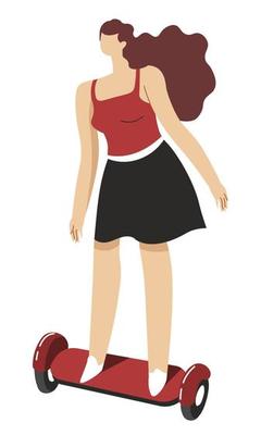 Female character using hoverboard as transport, gyro scooter