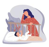 Postnatal depression, stressed woman standing by crib vector