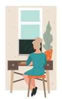 Freelancer working at home, woman with computer vector