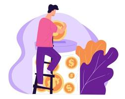Male character saving money, man with coins and jar vector