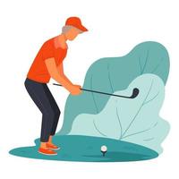 Elderly character playing golf on course, active lifestyle vector