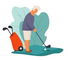 Senior man playing golf hitting ball, active pensioner vector