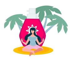 Sun lotion and meditating female character on summer vacation vector