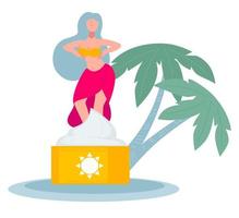 mujer bailando con loción de protección solar para el cuidado de la piel en verano vector