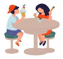 Children eating ice cream in cafe, boy and girl vector