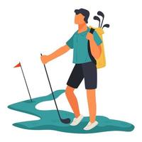 Golf sport, sportive man with clubs on field vector