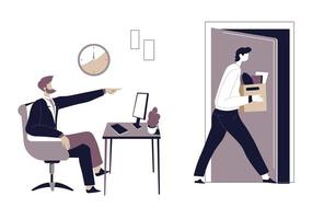 Boss dismissing employee, worker walking away with personal belongings vector