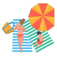 Woman and son resting by seaside, sunbathing people vector