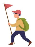 Scout walking with red flag on pole, traveling boy vector