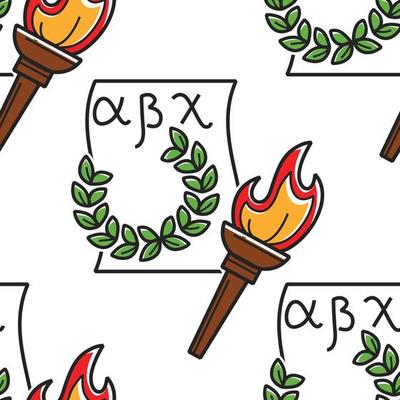 Greek alphabet laurel wreath and torch seamless pattern
