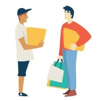 Shopping man with box or parcel and guy with bags or packs vector