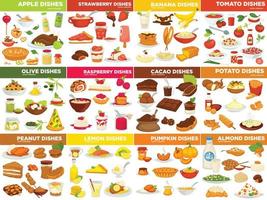 Fruit vegetable and nut dishes food cooking recipes vector