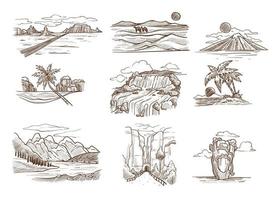 bocetos de paisajes naturaleza salvaje paisaje marino montaña y desierto vector