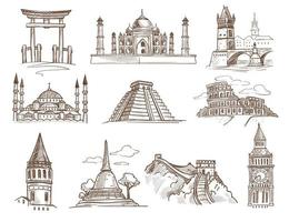 World landmarks famous buildings and architecture isolated sketches vector