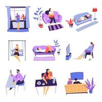 People staying at home, bored and sad characters vector