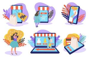 Online shopping via laptops, smartphones and tablets vector