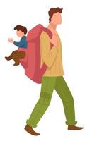 Man traveling with small kid, father with rucksack vector