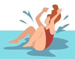 mujer saltando en el agua, personaje femenino junto al mar o piscina vector