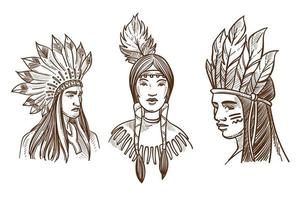 Native Americans isolated sketch portraits of Indians vector