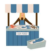 Sea food market, seller with production on stall vector