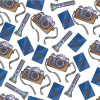 Passport and camera with flashlight traveling seamless pattern vector