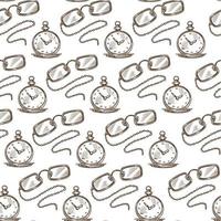 Vintage clock and glasses with chain, monochrome seamless pattern vector