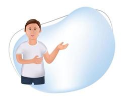 3d illustration cartoon young man standing with pointing finger at blank screen isolated on white background. young man makes a presentation on a white background. smiling young man presentation vector