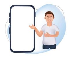 illustration portrait smiling young man with big phone. illustration  cartoon standing man with pointing finger at smartphone screen isolated on white background. young man makes a presentation vector