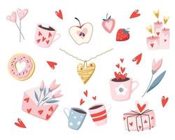 Valentine's day heart shape food and drinks vector hand drawn flat illustration collection in pink and red colors.