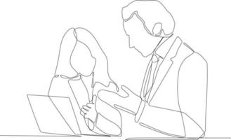 Continuous one line drawing businesswoman sitting and consulting with young professional man at office. Business consulting concept. Single line draw design vector graphic illustration.