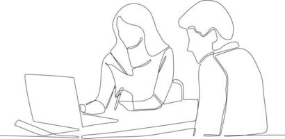 mujer de negocios de dibujo de una línea continua sentada y consultando con un joven profesional en la oficina. concepto de consultoría de negocios. ilustración gráfica vectorial de diseño de dibujo de una sola línea. vector