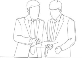 Continuous one line drawing two smart businessmen discussing project in office. Business consulting concept. Single line draw design vector graphic illustration.