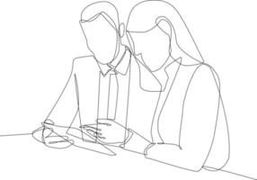 Continuous one line drawing businesswoman sitting and consulting with young professional man at office. Business consulting concept. Single line draw design vector graphic illustration.