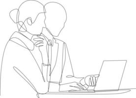 Continuous one line drawing businesswoman sitting and consulting with young professional man at office. Business consulting concept. Single line draw design vector graphic illustration.