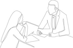 Continuous one line drawing businesswoman sitting and consulting with young professional man at office. Business consulting concept. Single line draw design vector graphic illustration.