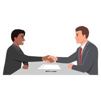 Business man partnership beginning. Businessman partners shaking hands after signing contract agreement closing deal sitting at negotiations table. Flat vector illustration isolated