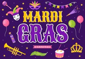 ilustración de fiesta de carnaval de mardi gras con máscara, plumas y festival de artículos para banner web o página de destino en plantillas planas dibujadas a mano de dibujos animados vector