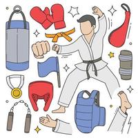 herramientas y objetos de karate doodle ilustración vectorial dibujada a mano vector