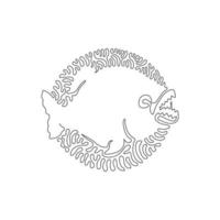 Continuous one curve line drawing of strong jaws piranha abstract art in circle. Single line editable stroke vector illustration of predatory piranha for logo, wall decor, poster print decor