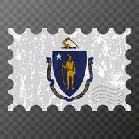 Postage stamp with Massachusetts state grunge flag. Vector illustration.