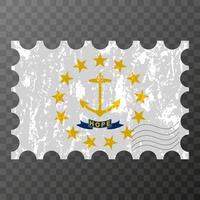 Postage stamp with Rhode Island state grunge flag. Vector illustration.