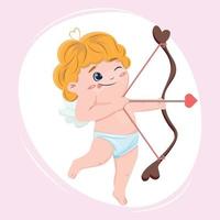 Cartoon illustration of a cute cupid shooting arrows with hearts from a bow. Happy Valentines Day. For banners, cards. design element, advertisements, backgrounds. Vector drawing.