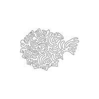 Single one curly line drawing of cute pufferfish clumsy swimmers abstract art. Continuous line drawing graphic design vector illustration of adorable pufferfish for icon, symbol, logo, boho wall art