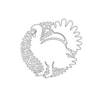 Single swirl continuous line drawing of gorgeous turkey bird with large fan shaped tail. Continuous line drawing graphic design vector illustration style of large turkey for icon, logo, boho poster