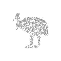 Single curly one line drawing of cute standing cassowary abstract art. Continuous line draw graphic design vector illustration of cassowary with sharp claws for icon, symbol,company logo, poster decor