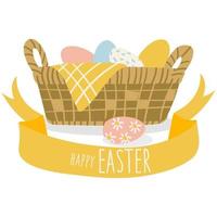 Vector cartoon illustration of an Easter card with a festive basket and colorful painted eggs inside. Ribbon, congratulatory inscription. A simple cute illustration, flat Print banner, flyer, postcard