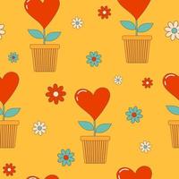 Seamless patterns with vintage groovy flowers and hearts in a flower pot. Retro background. vector