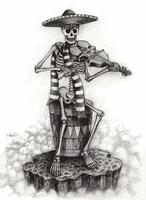 arte fantasía surrealista cráneo tocando el violín día de los muertos. dibujo a mano y hacer vector gráfico.