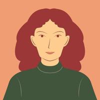 retrato de una mujer hermosa con el pelo tupido en una ilustración de caricatura plana. avatar de cara de mujer joven vector