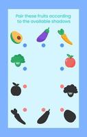 Children's activity sheet draws a line, matching the fruit and its shadow. suitable for children's activity books aged 3 years and over. vector